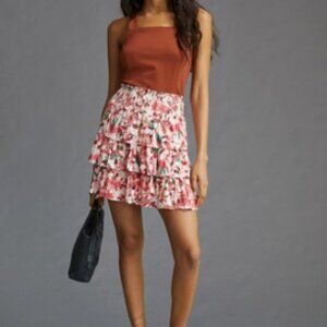 Anthropologie Floral Tiered Ruffle Mini Skirt - Size L NWT